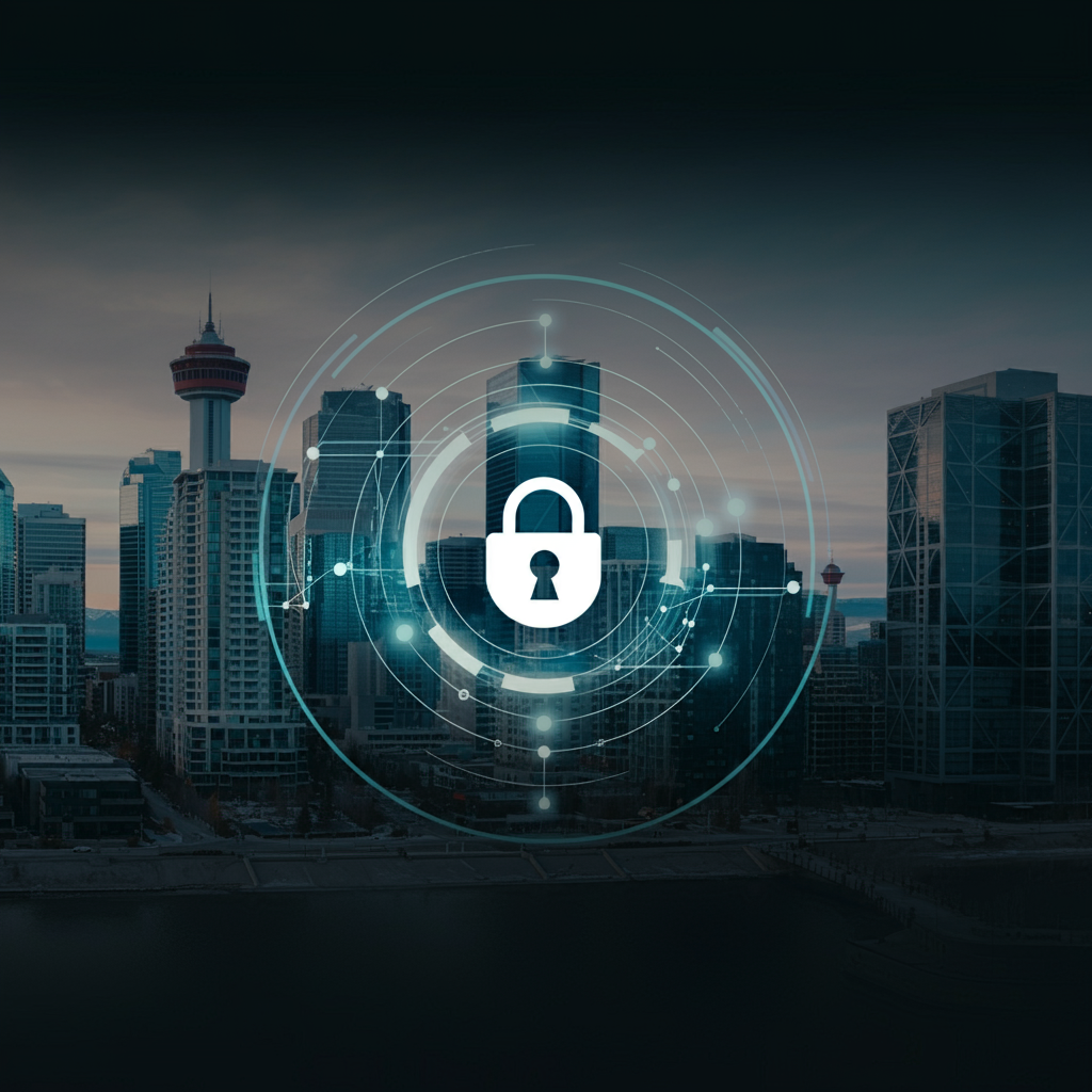 Calgary skyline with WestNet VPN cybersecurity shield — dedicated encrypted VPN protection
